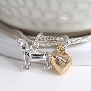 Silver plated triple strand golden heart and dachshund bracelet