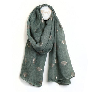 Recycled soft green scarf with metallic leaf print