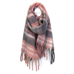 PALE PINK & GREY LARGE CHECK BLANKET SCARF WITH FRINGE