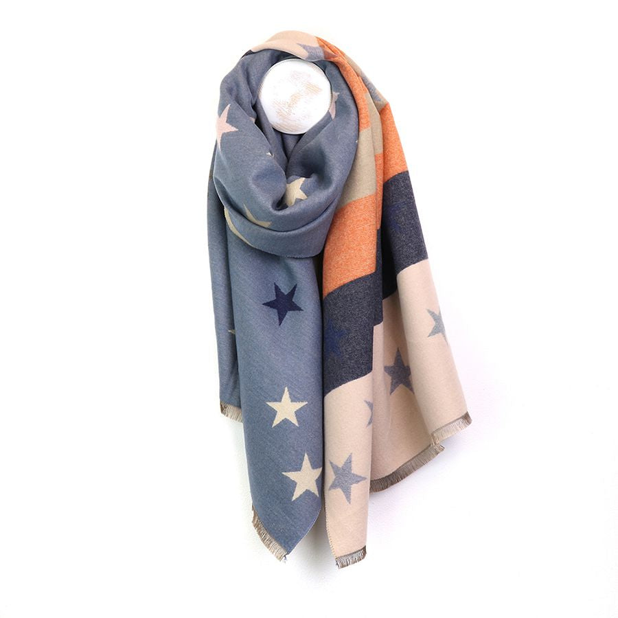 Blue and orange mix reversible star and stripe scarf