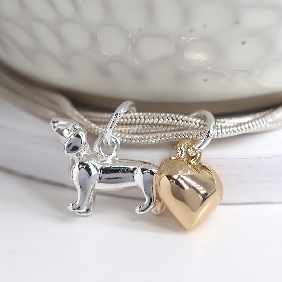 Silver plated triple strand golden heart and dachshund bracelet