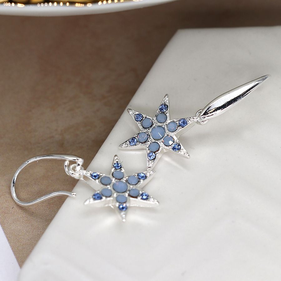 Silver plated star and blue crystal drop earrings