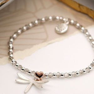 Crystal bead silver plated dragonfly heart bracelet