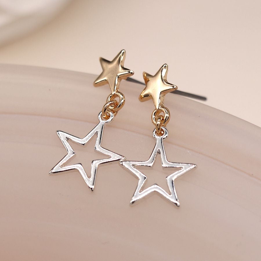 Silver and faux gold plated double star stud earrings