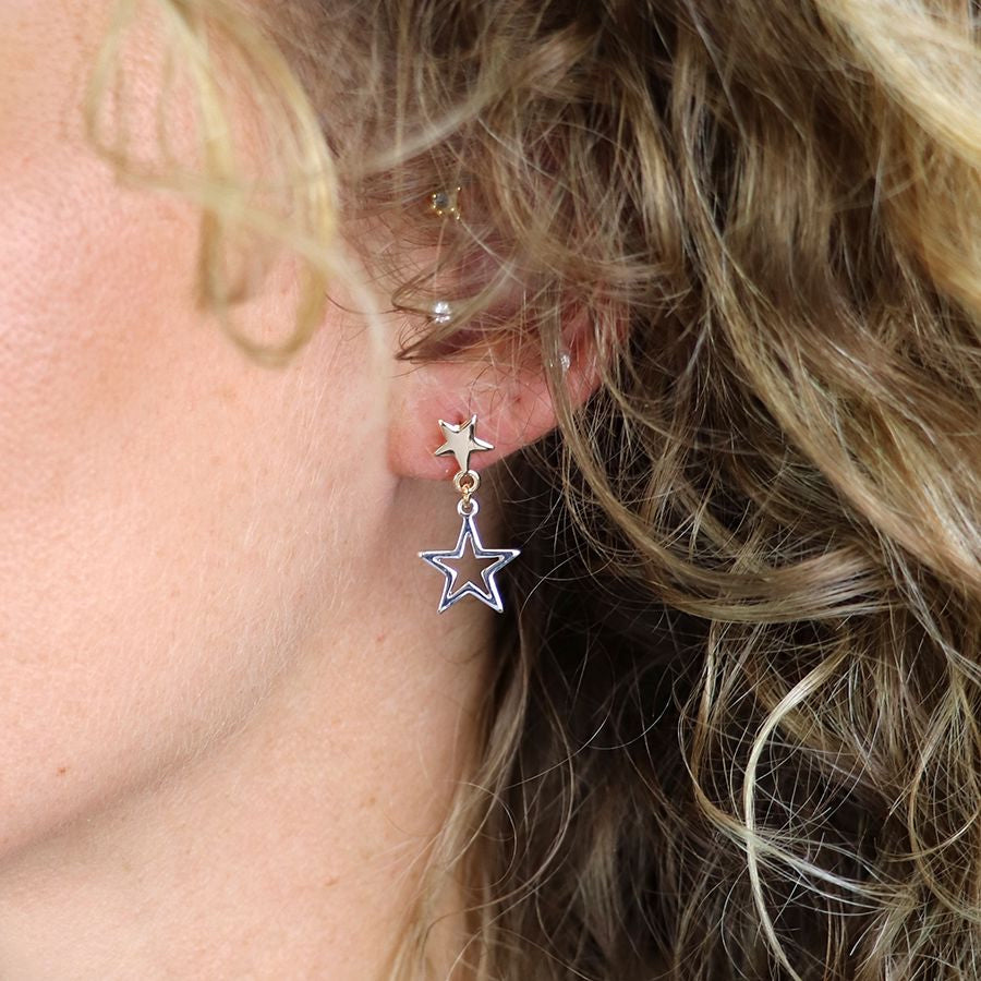 Silver and faux gold plated double star stud earrings