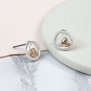 Silver Plated Circle And Rose Gold Heart Earrings