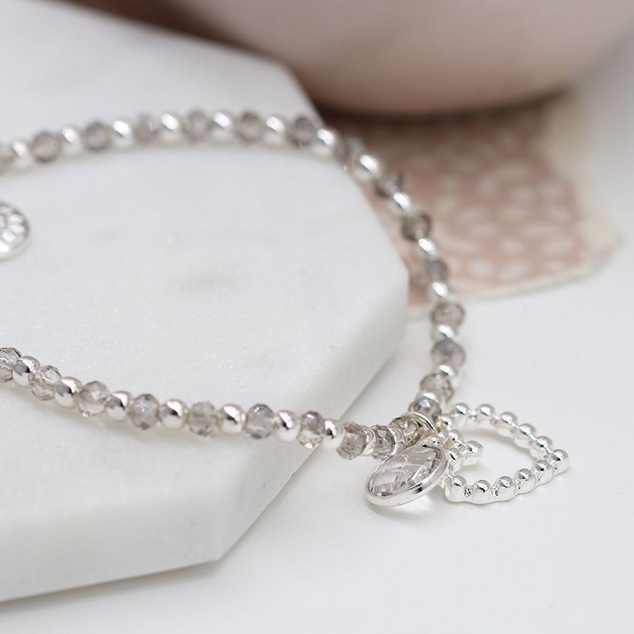 Silver and smoky bead bracelet with crystal drop and heart charm