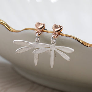 Silver and rose gold plated heart dragonfly drop earring