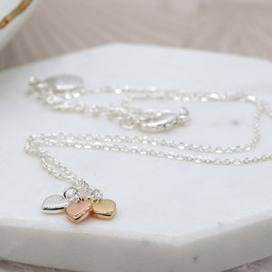 Silver plated triple colour heart charm necklace