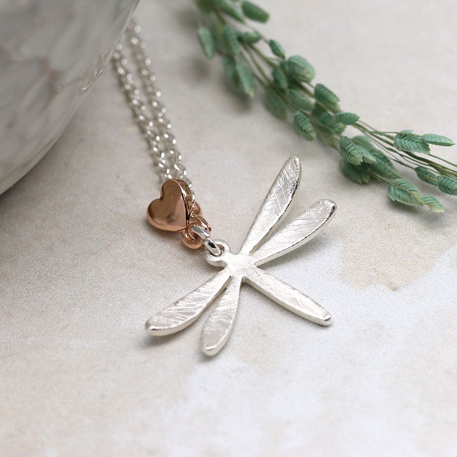 Silver Plated Dragonfly Necklace with Heart
