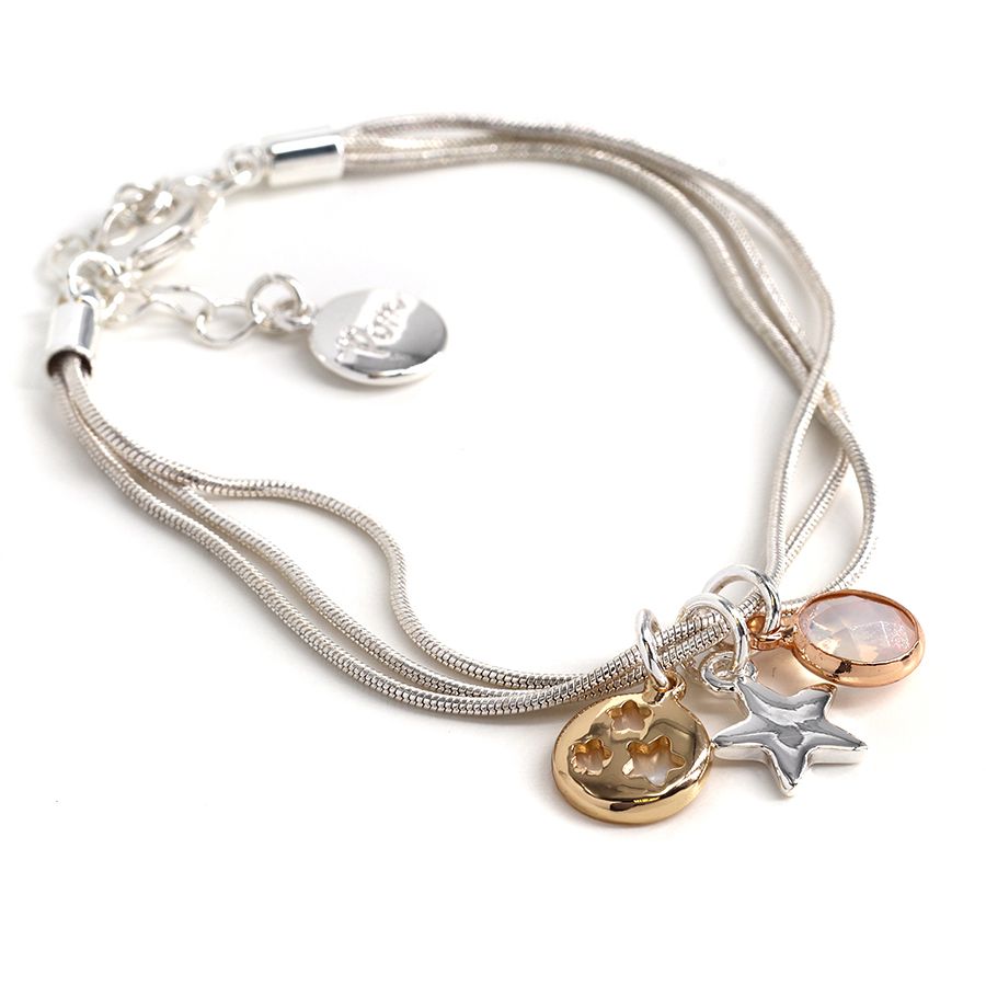 Silver Plated Triple Strand Mixed Star and Crystal Charm Bracelet