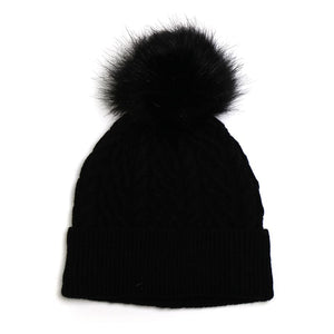 Black Cable Twist Knit and Faux Fur Bobble Hat