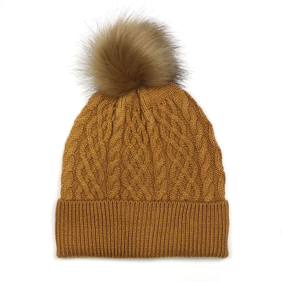 Toffee Cable twist Knit and Faux Fur Bobble Hat