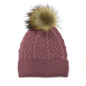 Dusky Pink Cable Twist Knit and Faux Fur Bobble Hat