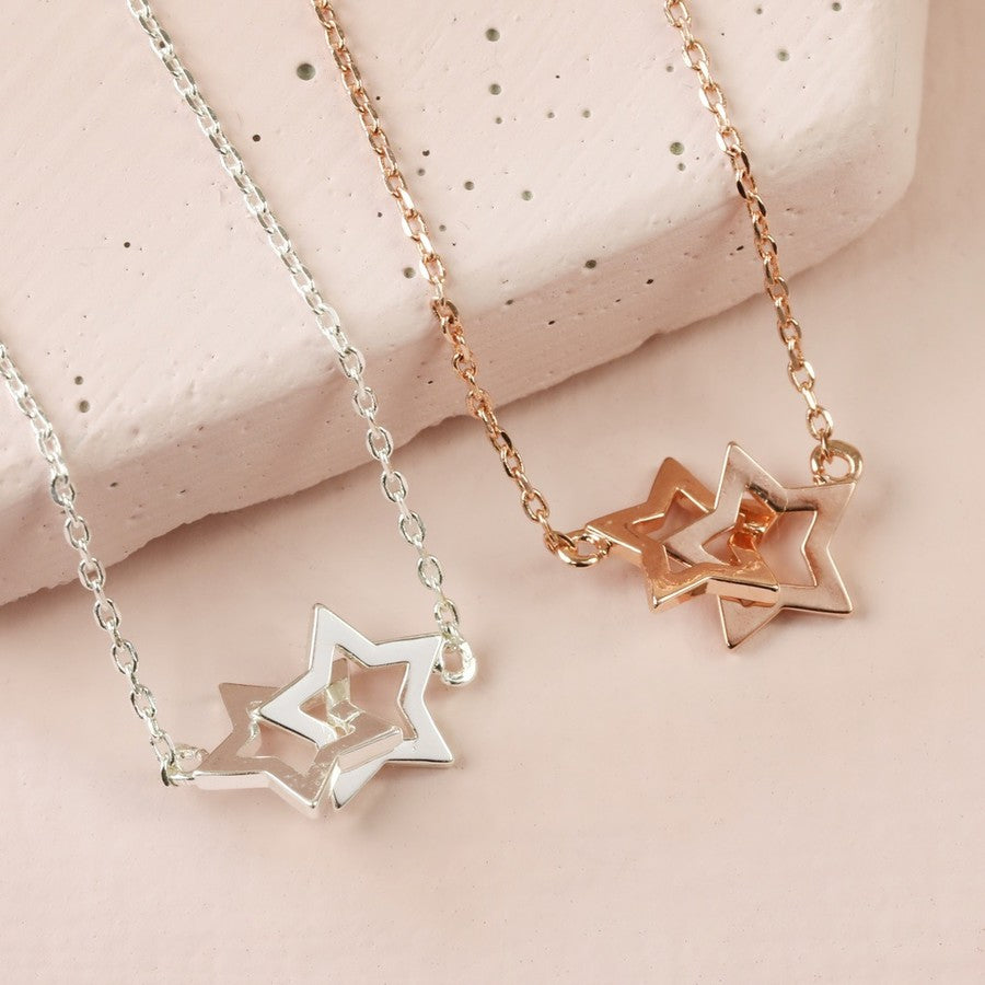 DOUBLE OUTLINE STAR SHORT NECKLACE IN SILVER