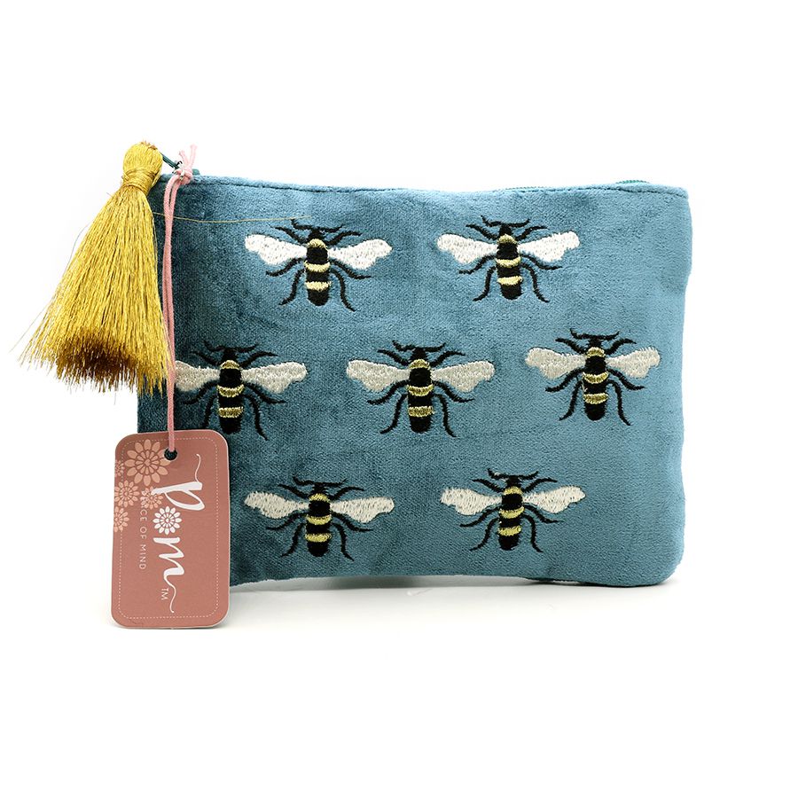Teal Velvet Embroidered bee Purse
