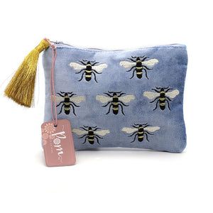 Blue Velvet Embroidered Bee Purse