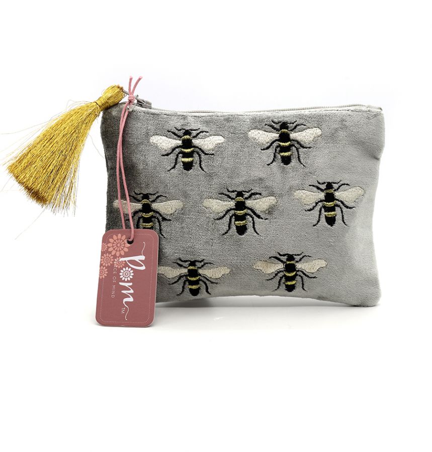 Grey Velvet Embroidered Bee Purse