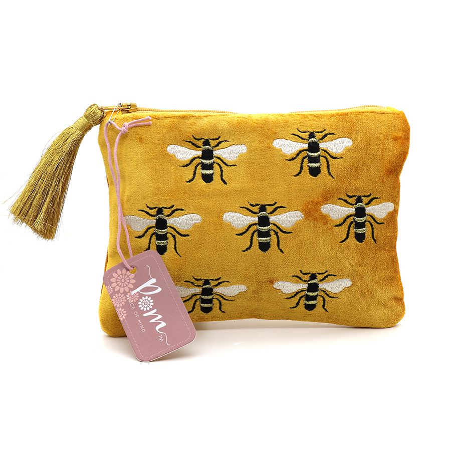 Mustard Velvet Embroidered Bee Purse