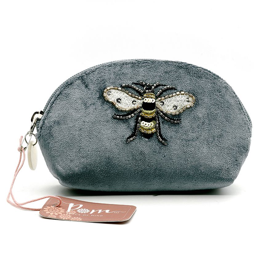 Grey velvet D purse with embellished bee