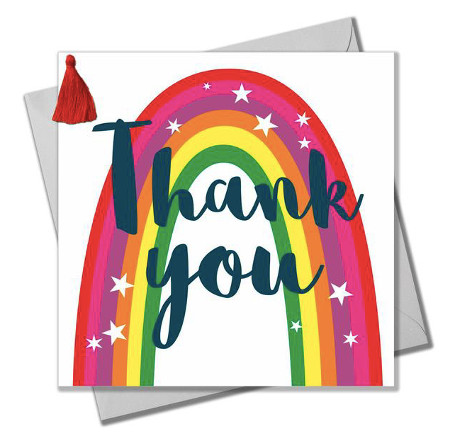 THANK YOU CARD, RAINBOW, EMBELLISHED WITH A COLOURFUL TASSEL