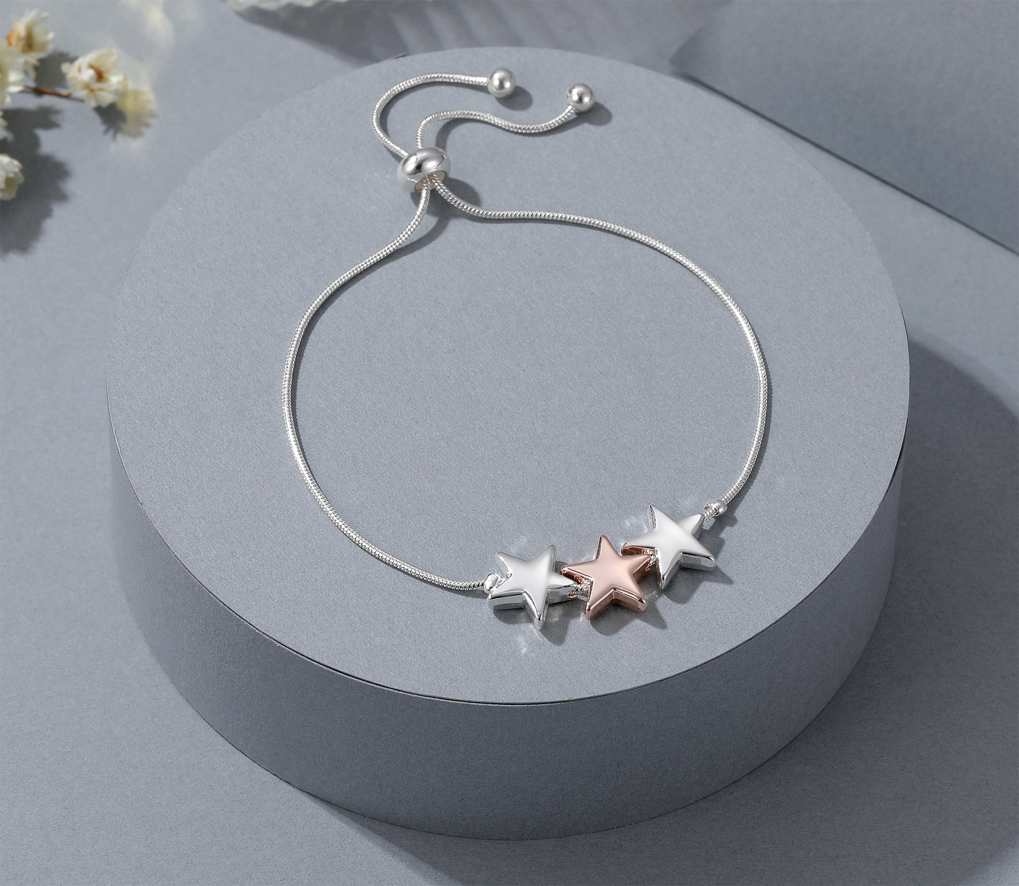Adjustable 3 star bracelet - rose gold and silver