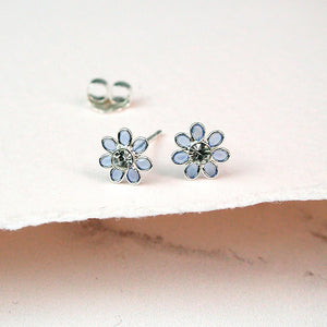 Sterling silver and Blue Tiny Enamel Daisy Crystal Earrings