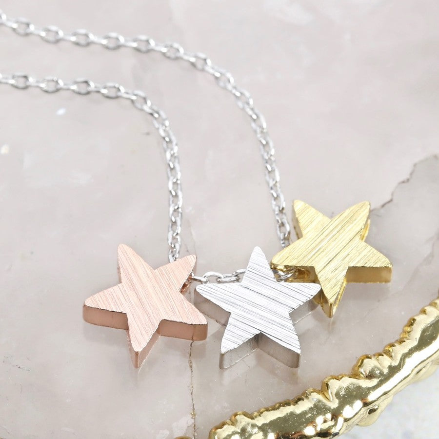 Brushed Mixed Metal Triple Star Necklace
