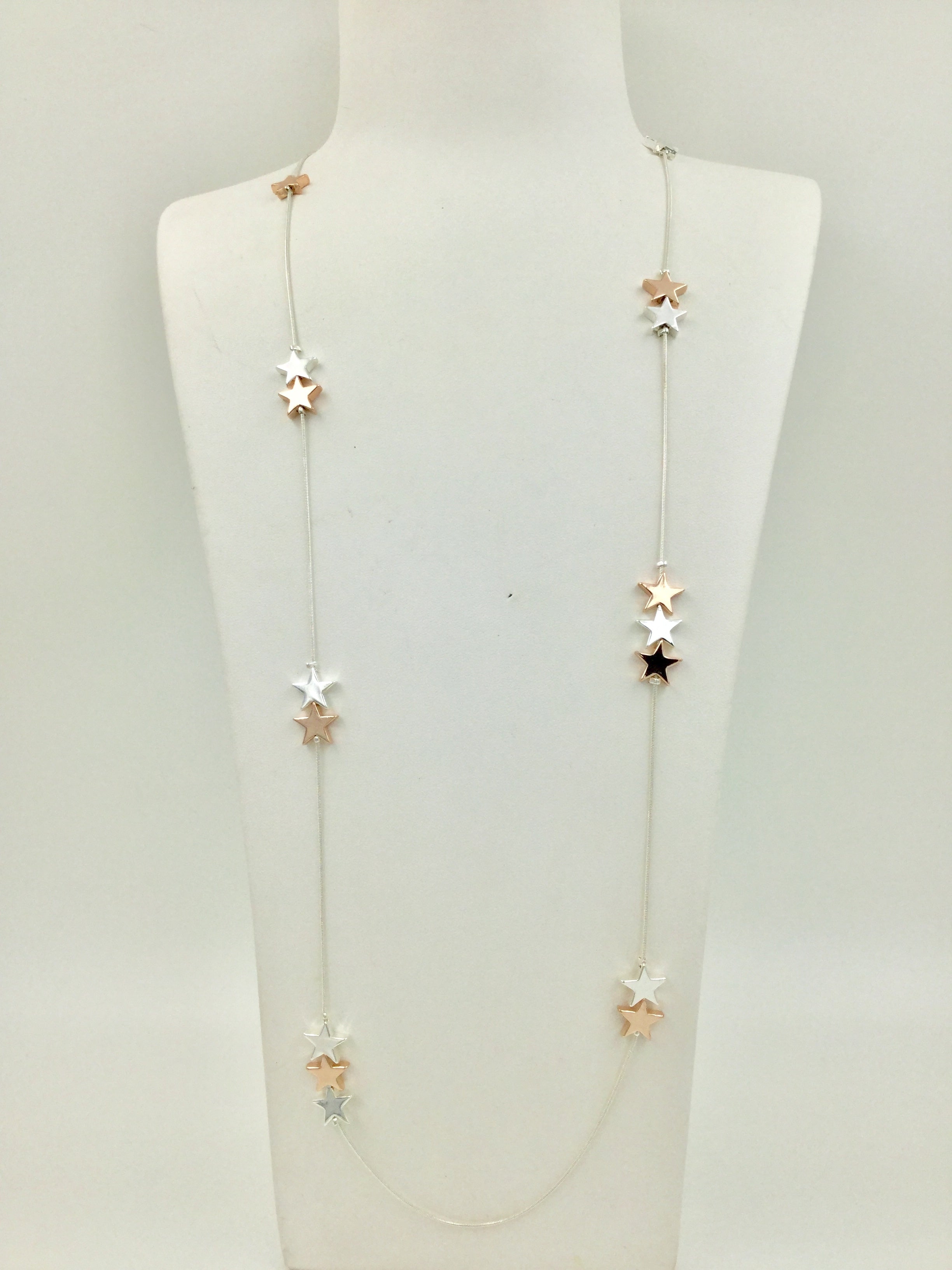 Silver & Rose Gold Shiny Stars Long Necklace