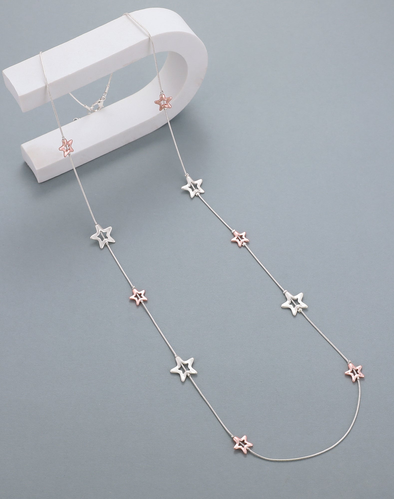 Matt Silver & Rose Gold Stars Long Necklace